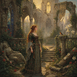 Woman in the ruins of an abandoned and overgrown city.