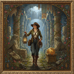 A female adventurer/explorer wearing practical black combat trousers and boots, exploring a musterious ancient egyptian temple