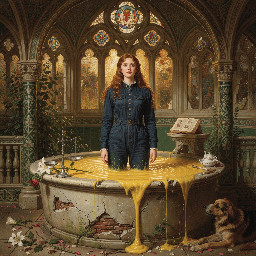 a fair maiden in a dark blue utility boilersuit being put to the test in a bath of custard