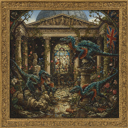 velociraptors roaming the ruins of the British Museum in a post-apocalyptic future
