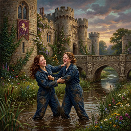 two happy young women in dark blue utility boilersuits enjoying a mud wrestling session in a castle moat