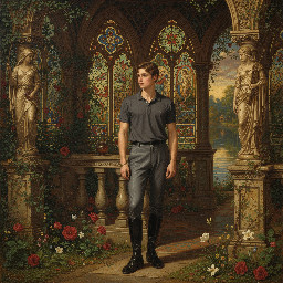 A slim young man in dark grey jodhpurs with a shiny finish, dark grey polo shirt, and black riding boots