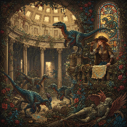 velociraptors roaming the ruins of the British Museum in a post-apocalyptic future, , being covertly observed by a female adventurer