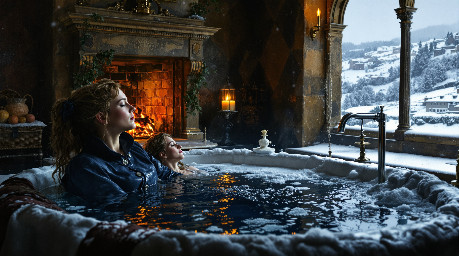 two relaxed young women in dark blue boilersuits sharing a mudbath together in a warm castle bathing chamber heated by a roaring fire, overlooking the snow-covered Yorkshire dales at night