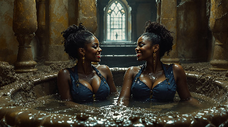 two happy women, mid 20s, black, in dark blue utility boilersuits enjoying a mudbath in a castle bathing chamber