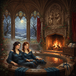 two relaxed young women in dark blue boilersuits sharing a mudbath together in a warm castle bathing chamber heated by a roaring fire, overlooking the snow-covered Yorkshire dales at night