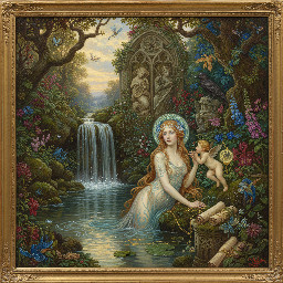 Jannet, queen of the faeries, bathing in the pool of her waterfall at Jannet's fosse
