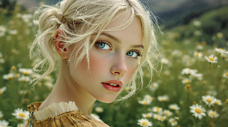 danish girl, light blue eyes, very white blonde hair, pale skin, blushing face, upturned nose,very blonde eyebrows, 14 years old, straight hair, short pig tails,short pigtails, two short pigtails , She has a toned, curvaceous, and sculpted body with a model-like physique, very skinny, looking to artist, ,close up portrait,, She is standing in a lush green meadow in Tyrol.