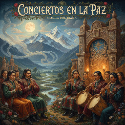 Generar una portada para mi página de facebook "CONCIERTOS EN LA PAZ" (música boliviana), de fondo el magestuoso illimani con luna llena, y algunos matices tihuanacotas y musicales (quenas, zampoñas y bombos), con músicos interpretando musica. Simular el escenario artístico en la noche calida