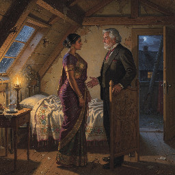 {a dimly lit|shadow-drenched|moonlit} {bedroom|sparse attic room|small but cozy apartment}, where the air is thick with {unspoken desire|electric tension|desperate longing}. Dheeraj, a {voluptuous|delicate yet strong|weathered but beautiful} 45-year-old maid in a {slightly frayed|modest yet clinging|simple but sensual} {sari|nightgown|traditional wrap}, stands {half-turned|hesitantly facing|leaning against} Vijay, her 56-year-old landlord—a {broad-shouldered|silver-haired and distinguished|powerfully built} man whose {rough hands|aristocratic features|unkempt beard} betray {years of lonely restraint|suppressed hunger|quiet dominance}. Their eyes lock in {a moment of raw vulnerability|silent complicity|hungry hesitation}, her {sari strap|shoulder|hair} slipping {unconsciously|provocatively|accidentally}, his fingers {hovering|clenching|already tracing} the {curve of her waist|bare skin of her arm|edge of her garment}. The background hints at {a hastily abandoned cup of tea|a single flickering lamp|a half-open door}, while the {cold night air|rain-streaked window|tangled bedsheets} underscores the {forbidden|inevitable|primal} act about to unfold. {Soft focus|High contrast|Grainy film-like} lighting casts {dramatic shadows|a golden glow|a blue-tinged haze}, capturing the {clandestine|thunderous|desperate} energy of two people {breaking free|succumbing|colliding} after years of {stolen glances|unspoken words|burning frustration}.