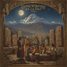Generar una portada para mi página de facebook "CONCIERTOS EN LA PAZ" (música boliviana), de fondo el magestuoso illimani con luna llena, y algunos matices tihuanacotas y musicales (quenas, zampoñas y bombos), con músicos interpretando musica. Simular el escenario artístico en la noche calida