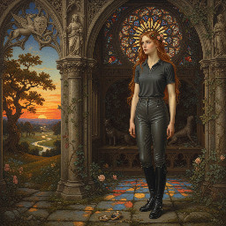 A slim young woman in dark grey jodhpurs with a shiny finish, dark grey polo shirt, and black riding boots.