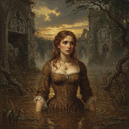 topless wench with breasts exposed waist-deep in a mud lake
