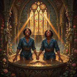 two happy women, mid 20s, black, in dark blue utility boilersuits enjoying a mudbath in a castle bathing chamber