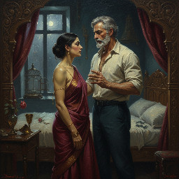 {a dimly lit|shadow-drenched|moonlit} {bedroom|sparse attic room|small but cozy apartment}, where the air is thick with {unspoken desire|electric tension|desperate longing}. Dheeraj, a {voluptuous|delicate yet strong|weathered but beautiful} 45-year-old maid in a {slightly frayed|modest yet clinging|simple but sensual} {sari|nightgown|traditional wrap}, stands {half-turned|hesitantly facing|leaning against} Vijay, her 56-year-old landlord—a {broad-shouldered|silver-haired and distinguished|powerfully built} man whose {rough hands|aristocratic features|unkempt beard} betray {years of lonely restraint|suppressed hunger|quiet dominance}. Their eyes lock in {a moment of raw vulnerability|silent complicity|hungry hesitation}, her {sari strap|shoulder|hair} slipping {unconsciously|provocatively|accidentally}, his fingers {hovering|clenching|already tracing} the {curve of her waist|bare skin of her arm|edge of her garment}. The background hints at {a hastily abandoned cup of tea|a single flickering lamp|a half-open door}, while the {cold night air|rain-streaked window|tangled bedsheets} underscores the {forbidden|inevitable|primal} act about to unfold. {Soft focus|High contrast|Grainy film-like} lighting casts {dramatic shadows|a golden glow|a blue-tinged haze}, capturing the {clandestine|thunderous|desperate} energy of two people {breaking free|succumbing|colliding} after years of {stolen glances|unspoken words|burning frustration}.