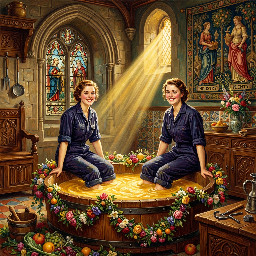 two happy young women in dark blue utility boilersuits enjoying a shared bath in a vat of custard