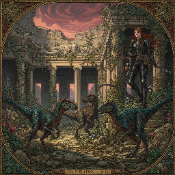 velociraptors roaming the ruins of the British Museum in a post-apocalyptic future, being covertly observed by a female adventurer in black combat pants and boots