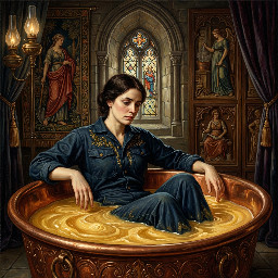 a dusky maiden in a dark blue utility boilersuit being put to the test in a bath of custard
