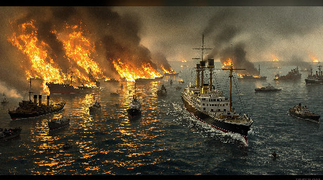 a narrow sea strait in the middle east, crowded with tankers and bulk carriers, several of which are on fire, and wrecked and half-sunk warships.  Through it all, steaming sereenly towards the viewer, a pristine 19th century style steam freighter.