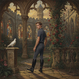 A slim young man in dark grey jodhpurs with a shiny finish, dark grey polo shirt, and black riding boots. Rear view, he is looking over his shoulder at us