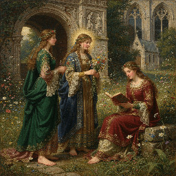 Highly detailed drawing wearing lace --s 1000 --c 33 --v 7.0 --ar 5:7 inspired (((head to toe))) image of Pre-Raphaelite Medieval Ladies in Garden Romantic Vintage Floral Scene, dressed in medieval clothing, with no shoes on. Background is distressed wildflowers with a watercolor and oil