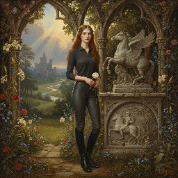 A slim young woman in dark grey jodhpurs with a shiny finish, dark grey polo shirt, and black riding boots.