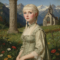 danish girl, light blue eyes, very white blonde hair, pale skin, blushing face, upturned nose,very blonde eyebrows, 14 years old, straight hair, short pig tails,short pigtails, two short pigtails , She has a toned, curvaceous, and sculpted body with a model-like physique, very skinny, looking to artist, ,close up portrait,, She is standing in a lush green meadow in Tyrol.