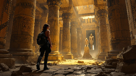 A female adventurer/explorer wearing practical black combat trousers and boots, exploring a musterious ancient egyptian temple