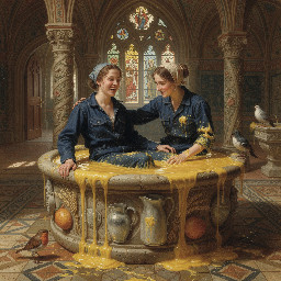 two happy young women in dark blue utility boilersuits enjoying a shared bath in a vat of custard