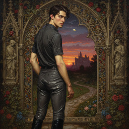 A slim young man in dark grey jodhpurs with a shiny finish, dark grey polo shirt, and black riding boots. Rear view, he is looking over his shoulder at us
