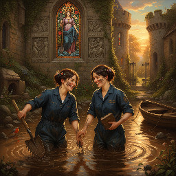 two happy young women in dark blue utility boilersuits enjoying a waist deep mud bath in a romantic castle moat