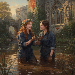 two happy young women in dark blue utility boilersuits enjoying a waist deep mud bath in a romantic castle moat