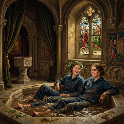 two happy young women in dark blue utility boilersuits enjoying a mudbath in a castle bathing chamber