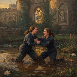 two happy young women in dark blue utility boilersuits enjoying a mud wrestling session in a castle moat