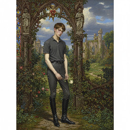 A slim young man in dark grey jodhpurs with a shiny finish, dark grey polo shirt, and black riding boots
