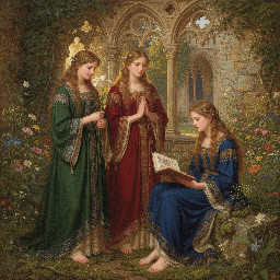 Highly detailed drawing wearing lace --s 1000 --c 33 --v 7.0 --ar 5:7 inspired (((head to toe))) image of Pre-Raphaelite Medieval Ladies in Garden Romantic Vintage Floral Scene, dressed in medieval clothing, with no shoes on. Background is distressed wildflowers with a watercolor and oil