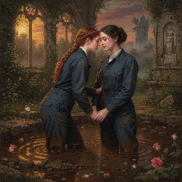 two relaxed young women in dark blue utility boilersuits enjoying a romantic waist deep mud bath together