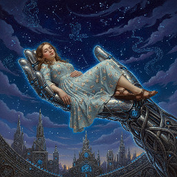 A young adult female, 17 years old, rests peacefully within the metallic palm of a futuristic robotic hand. She wears a light blue, sleeveless A-line dress with a delicate floral pattern and brown sandals. Her eyes are closed, face serene, with a soft, almost dreamlike expression. Her light brown hair is gently tousled around her face.   The robotic hand is intricately detailed, constructed from gleaming silver metal with segmented fingers and joints. Vibrant blue lights emanate from circular ports and along the edges of the hand and wrist, creating an ethereal glow.   The background is a deep, starry night sky with scattered constellations and wispy, dark clouds, suggesting a celestial or dreamlike setting. The composition is a close-up, angled perspective that emphasizes the contrast between the delicate human form and the imposing, advanced technology.   The overall mood is one of tranquil protection and futuristic wonder, with a touch of the surreal.   The lighting is dramatic, with the blue bioluminescence casting strong highlights and shadows on the girl and the robot.