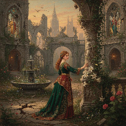 Woman in the ruins of an abandoned and overgrown city.