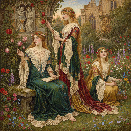 Highly detailed drawing wearing lace --s 1000 --c 33 --v 7.0 --ar 5:7 inspired (((head to toe))) image of Pre-Raphaelite Medieval Ladies in Garden Romantic Vintage Floral Scene, dressed in medieval clothing, with no shoes on. Background is distressed wildflowers with a watercolor and oil