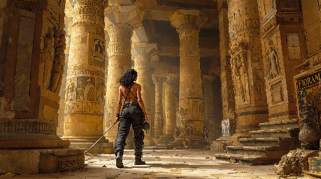 A nubian female adventurer/explorer wearing practical black combat trousers and boots, exploring a musterious ancient egyptian temple