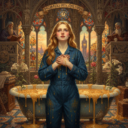 a fair maiden in a dark blue utility boilersuit being put to the test in a bath of custard