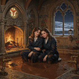two relaxed young women in dark blue boilersuits sharing a mudbath together in a warm castle bathing chamber heated by a roaring fire, overlooking the snow-covered Yorkshire dales at night