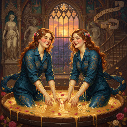 two happy young women in dark blue utility boilersuits enjoying a shared bath in a vat of custard