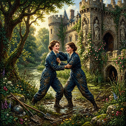 two happy young women in dark blue utility boilersuits enjoying a mud wrestling session in a castle moat