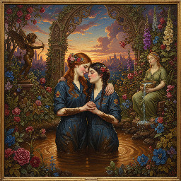 two relaxed young women in dark blue utility boilersuits enjoying a romantic waist deep mud bath together