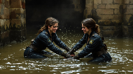 two happy young women in dark blue utility boilersuits enjoying a mud wrestling session in a castle moat