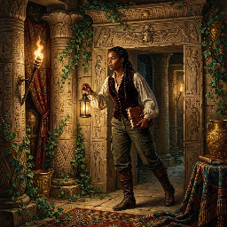 A nubian female adventurer/explorer wearing practical black combat trousers and boots, exploring a musterious ancient egyptian temple