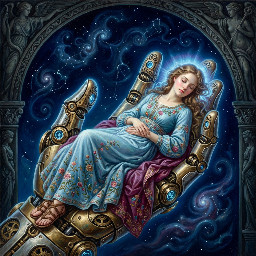 A young adult female, 17 years old, rests peacefully within the metallic palm of a futuristic robotic hand. She wears a light blue, sleeveless A-line dress with a delicate floral pattern and brown sandals. Her eyes are closed, face serene, with a soft, almost dreamlike expression. Her light brown hair is gently tousled around her face.   The robotic hand is intricately detailed, constructed from gleaming silver metal with segmented fingers and joints. Vibrant blue lights emanate from circular ports and along the edges of the hand and wrist, creating an ethereal glow.   The background is a deep, starry night sky with scattered constellations and wispy, dark clouds, suggesting a celestial or dreamlike setting. The composition is a close-up, angled perspective that emphasizes the contrast between the delicate human form and the imposing, advanced technology.   The overall mood is one of tranquil protection and futuristic wonder, with a touch of the surreal.   The lighting is dramatic, with the blue bioluminescence casting strong highlights and shadows on the girl and the robot.