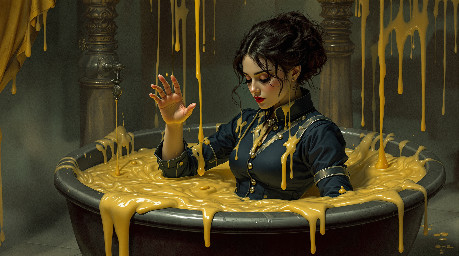 a dusky maiden in a dark blue utility boilersuit being put to the test in a bath of custard